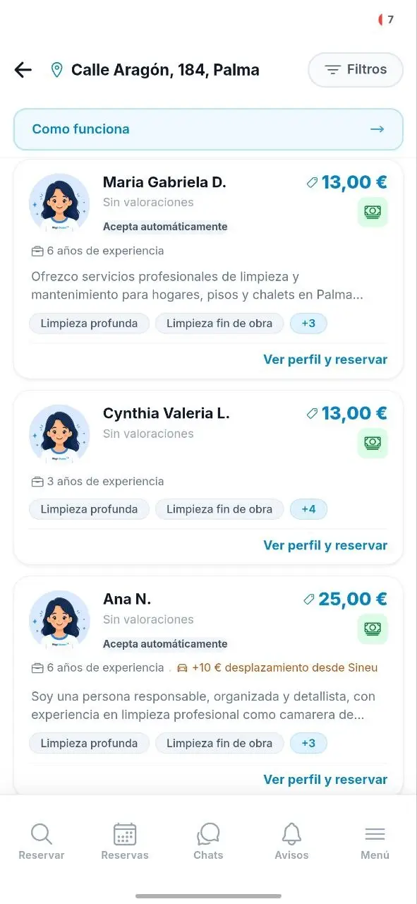 Pantalla para explorar profesionales en MopiClean